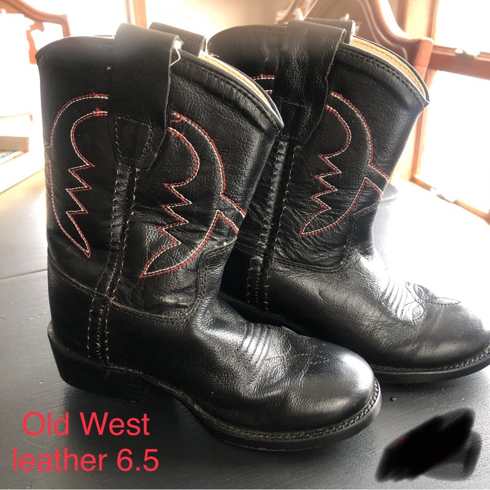 Old West Black Leather Kids Cowboy Boots with Red Stitching